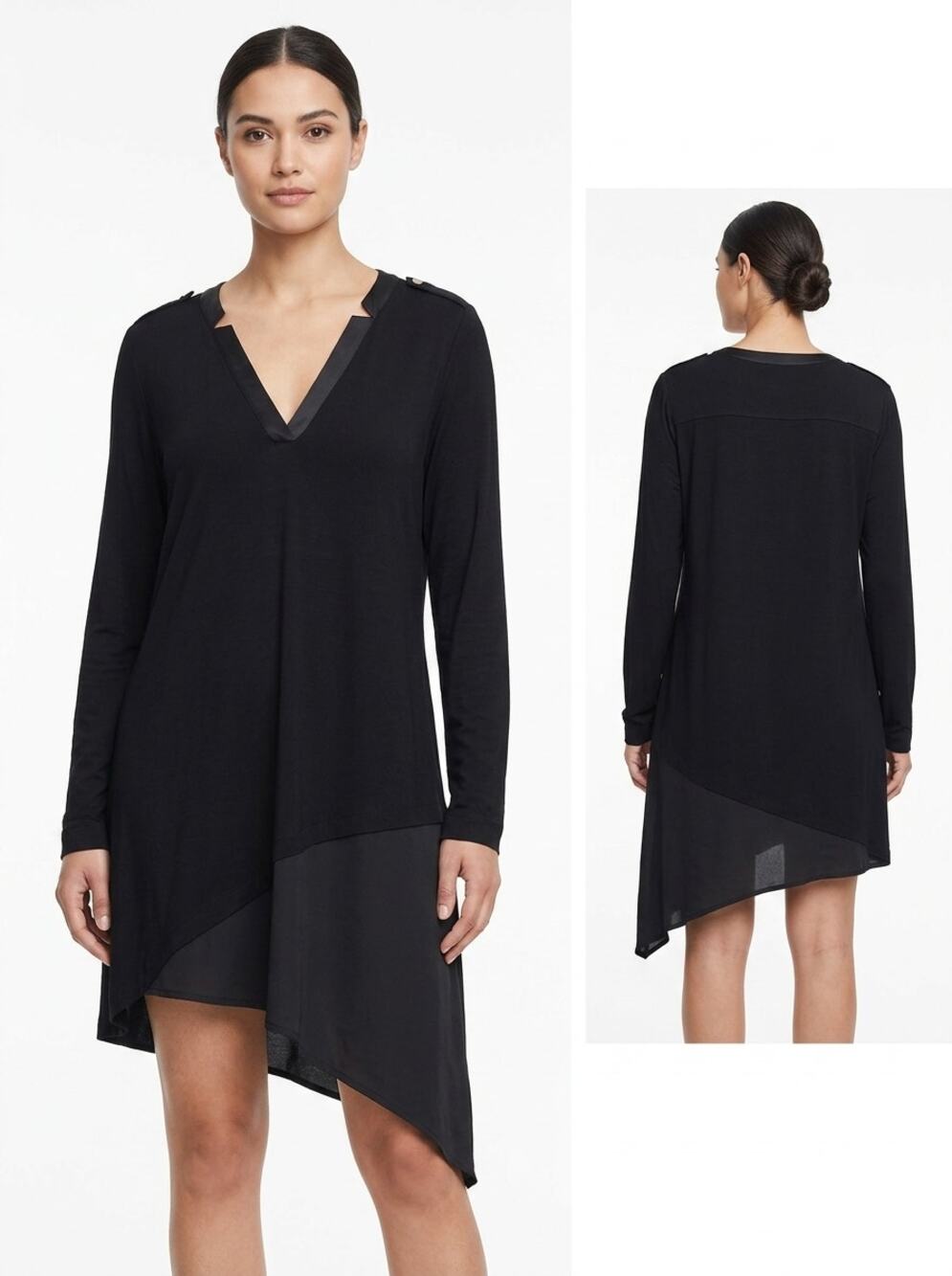White House Black Market Black Asymmetric Hem V-Neck Dress Women Size L